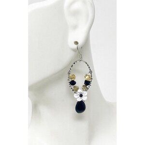 Artisan Sterling 925 Earrings Crystal Dangle Black Teardrop White Flower Boho